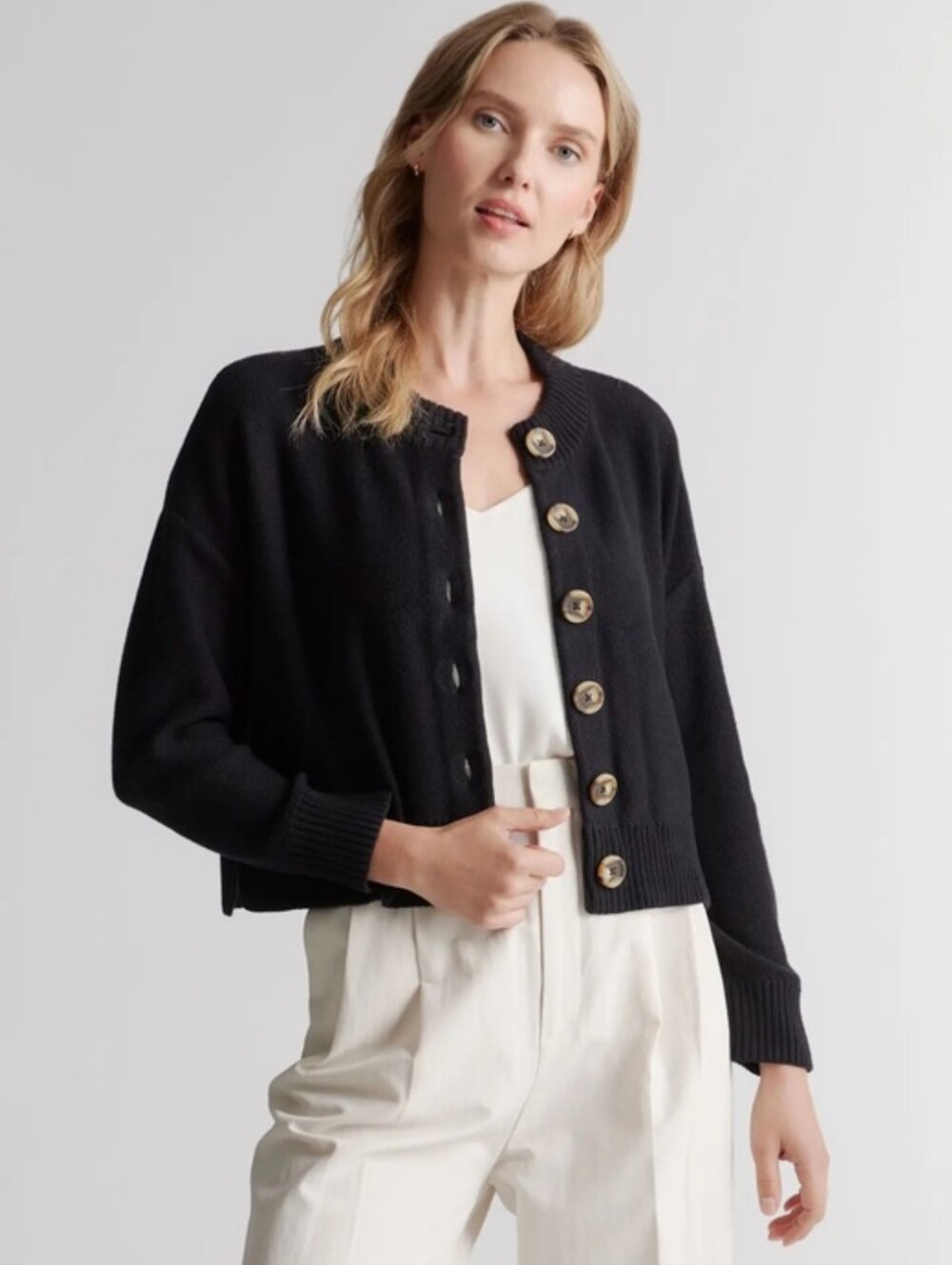 Quince 100% Organic Cotton Cropped Cardigan Black Classic Minimalist Size L